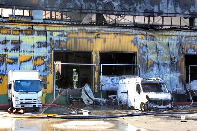State Emergency Service rescue workers respond to a fire at a civilian industrial and logistics facility caused by an overnight Russian attack, Vyshneve, Bucha district, Kyiv region, Ukraine, August 1, 2026. (Photo by Volodymyr Tarasov Ukrinform) Russia strikes industrial facility in Kyiv region  Copyright: xVolodymyrxTarasovx