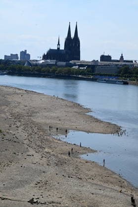 August 2, 2026, xophax, public life, Cologne, banks of the Rhine, Cologne Cathedral; low water levels on the Rhine from Cologne to Mühlheim; Rheinpark; Rhine water level in Cologne reaches record low; Cologne