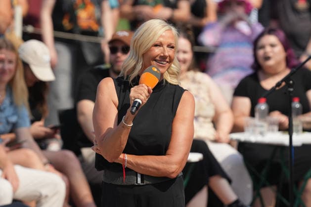 ZDF Fernsehgarten 2026: Andrea Kiwi Kiewel on ZDF Fernsehgarten with the theme Rock in the Garden on August 2, 2026, in Mainz, Rhineland-Palatinate, ZDF Fernsehgarten