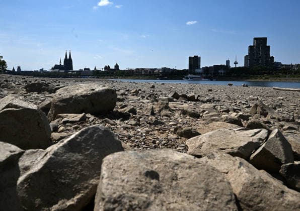 August 2, 2026, xophax, public life, Cologne, banks of the Rhine, Cologne Cathedral; low water levels on the Rhine from Cologne to Mühlheim; Rheinpark; Rhine water level in Cologne reaches record low; Cologne