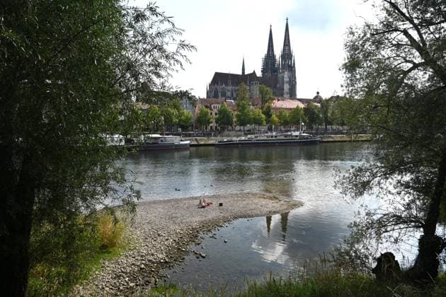 Low Water Levels on the Danube in Regensburg, Bavaria: In several places, the Danube is carrying less water than at any time