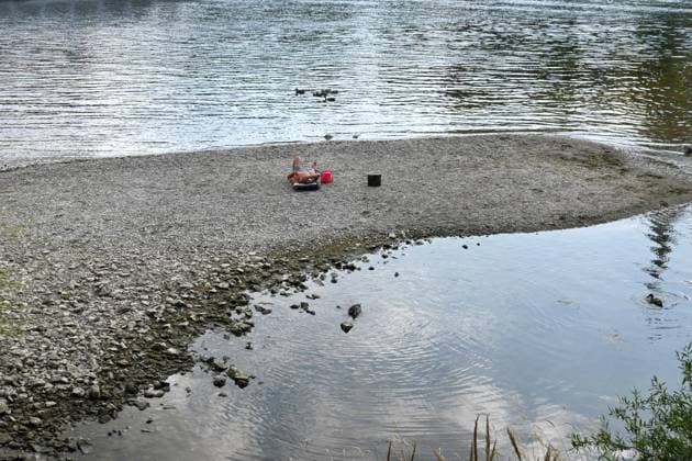 Low Water Levels on the Danube in Regensburg, Bavaria: In several places, the Danube is carrying less water than at any time