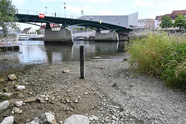 Low Water Levels on the Danube in Regensburg, Bavaria: In several places, the Danube is carrying less water than at any time