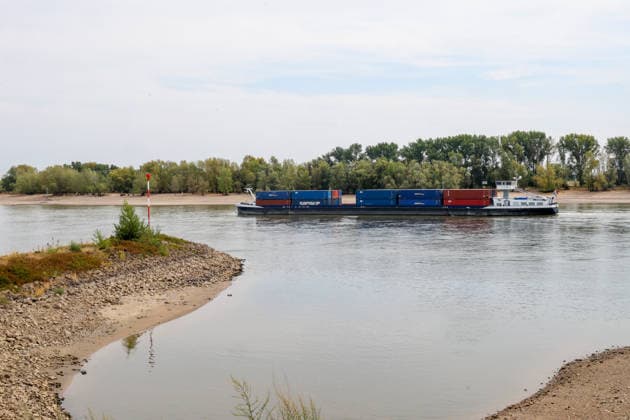 Low Rhine Water Level at the Rees Gauge: The Federal Waterways and Shipping Administration published a water level of 32 cm for August 3, 2026. The low water level poses a problem for inland waterway shipping. If it drops too far, vessels will no longer be allowed to carry a full load. Rees, North Rhine-Westphalia, DEU, Germany, August 3, 2026
