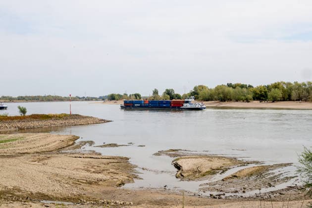 Low Rhine Water Level at the Rees Gauge Station: The Federal Waterways and Shipping Administration published a water level of 32 cm for August 3, 2026. The low water level poses a problem for inland waterway shipping. If it drops too low, vessels will no longer be allowed to carry a full load. Rees, North Rhine-Westphalia, DEU, Germany, August 3, 2026
