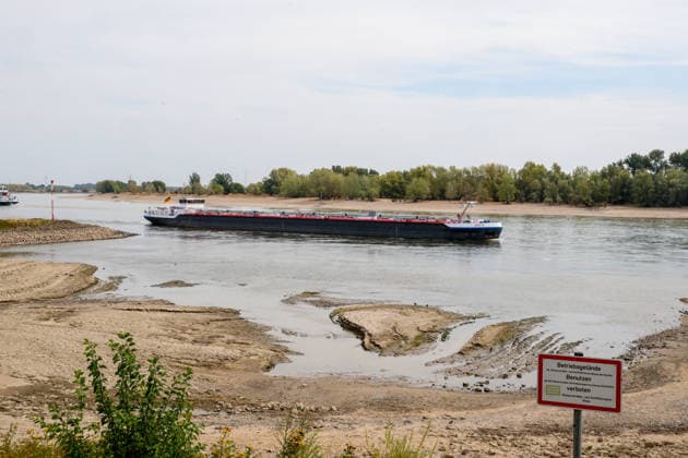 Low Rhine Water Level at the Rees Gauge Station: The Federal Waterways and Shipping Administration published a water level of 32 cm for August 3, 2026. The low water level poses a problem for inland waterway shipping. If it drops too low, vessels will no longer be allowed to carry a full load. Rees, North Rhine-Westphalia, DEU, Germany, August 3, 2026