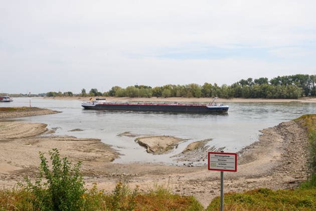 Low Rhine Water Level at the Rees Gauge Station: The Federal Waterways and Shipping Administration published a water level of 32 cm for August 3, 2026. The low water level poses a problem for inland waterway shipping. If it drops too low, vessels will no longer be allowed to carry a full load. Rees, North Rhine-Westphalia, DEU, Germany, August 3, 2026