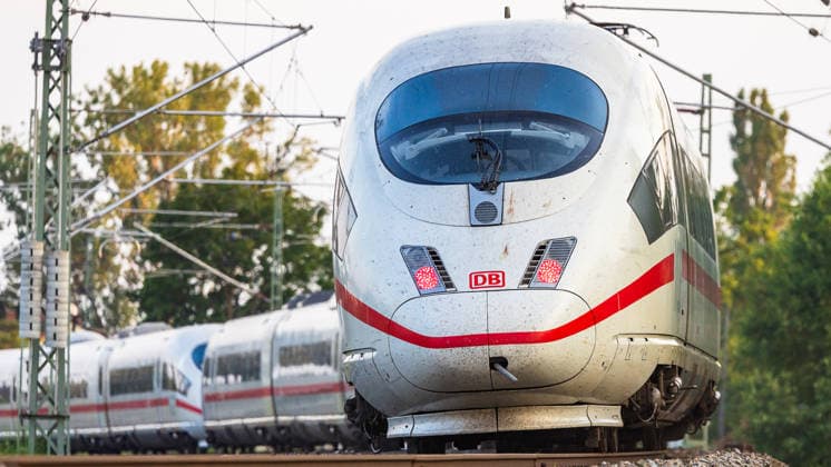Rail service between Bamberg and Nuremberg, Fürth, August 3, 2026 A Deutsche Bahn ICE 3 train is traveling from Munich to Berlin via Nuremberg. The front of the high-speed train is clearly marked with the DB logo. Fürth Stadeln, Bavaria, Germany 20260803-286A3898-M4000
