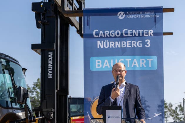 Construction Begins on Cargo Center 3 at Nuremberg Airport, Nuremberg, August 4, 2026 Albert Füracker, Bavarian Minister of Finance and for Home Affairs and Chairman of the Supervisory Board of Flughafen Nürnberg GmbH, speaks at the groundbreaking ceremony for the new Cargo Center 3 (CCN 20260804-1V9A6608-M4000