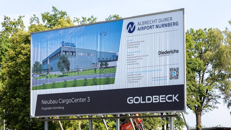 Construction Begins on Cargo Center 3 at Nuremberg Airport, Nuremberg, August 4, 2026 A promotional sign announces the construction of the new Cargo Center 3 (CCN 3) at Albrecht Dürer Airport Nuremberg. With this project by the firms Diederichs and Goldbeck, the airport is responding to the persistently high demand for logistics space. Nuremberg Airport, Bavaria, Germany 20260804-1V9A6551-M4000