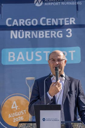 Groundbreaking for Cargo Center 3 at Nuremberg Airport, Nuremberg, August 4, 2026 Albert Füracker, Bavarian Minister of State for Finance and Home Affairs and Chairman of the Supervisory Board of Flughafen Nürnberg GmbH, speaks at the groundbreaking ceremony for the new Nuremberg Cargo Center 3 (CCN 3). With thi 20260804-1V9A6579-M4000