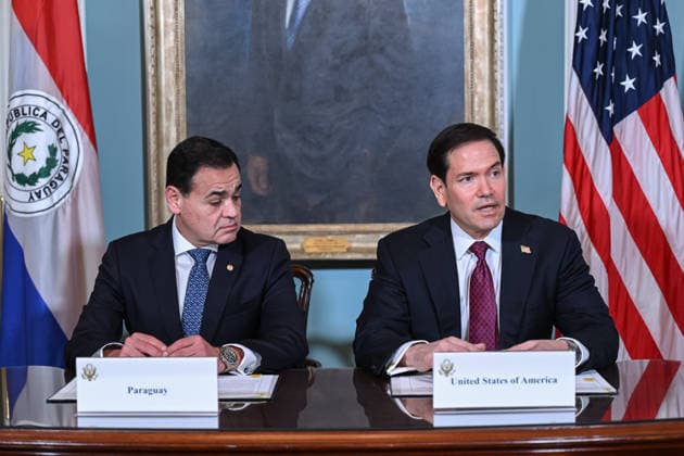 US Secretary of State Marco Rubio and Paraguayan Foreign Minister sign civil nuclear MOU WASHINGTON, D.C., UNITED STATES - AUGUST 04: U.S. Secretary of State Marco Rubio (R) speaks before signing a Memorandum of Understanding (MOU) on Strategic Civil Nuclear Cooperation with Paraguayan Foreign Minister Ruben Ramírez Lezcano(L) in the Treaty Room at the U.S. Department of State in Washington, D.C., on August 4, 2026. Mehmet Eser Anadolu Washington United States. Editorial use only. Please get in touch for any other usage.  Copyright: x2026xAnadoluxMehmetxEserx