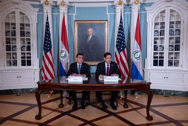 US Secretary of State Marco Rubio and Paraguayan Foreign Minister sign civil nuclear MOU WASHINGTON, D.C., UNITED STATES - AUGUST 04: U.S. Secretary of State Marco Rubio (R) speaks before signing a Memorandum of Understanding (MOU) on Strategic Civil Nuclear Cooperation with Paraguayan Foreign Minister Ruben Ramírez Lezcano(L) in the Treaty Room at the U.S. Department of State in Washington, D.C., on August 4, 2026. Mehmet Eser Anadolu Washington United States. Editorial use only. Please get in touch for any other usage.  Copyright: x2026xAnadoluxMehmetxEserx