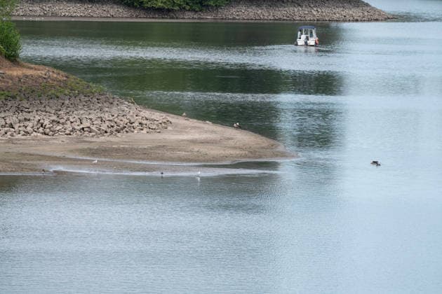 Record-low water levels on the Rhine; the Düsseldorf Water Police report that the Rhine’s water level in Düsseldorf has reached 23 cm, the lowest ever recorded there. The low water level has exposed a sandbar. Düsseldorf, August 4, 2026