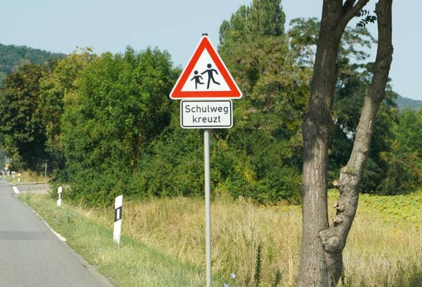 Caution Children at Road traffic, Traffic sign with Additional signs on Edge a Country road, Way to school intersects, Risk of an accident, slow drive 1131611123