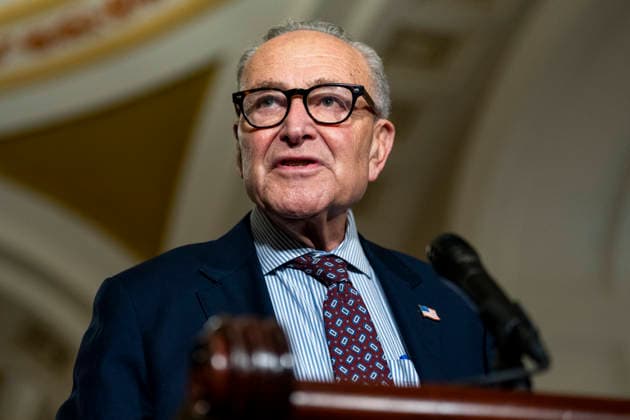Senate Minority Leader Chuck Schumer, D-NY, speaks during a press conference after weekly Senate caucus luncheons at the U.S. Capitol in Washington, DC on Tuesday, August 4, 2026. With August recess approaching, Senate Democrats are looking to pass a budget bill to prevent a shutdown before the midterms.  WAP20260804359 BONNIExCASH