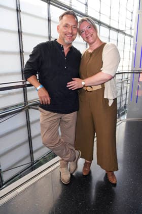 Lars Pape with his wife, Esther Maria Pape, at the premiere of SISTER ACT: THE HEAVENLY MUSICAL at the Bluemax Theater in Berlin on August 4, 2026