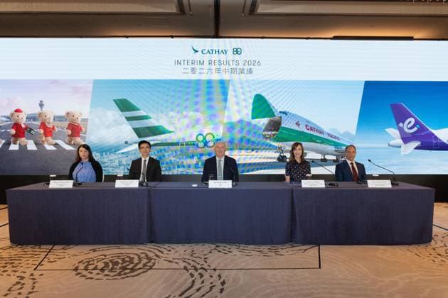 HONG KONG-BUSINESS CATHAY-RESULTS (L-R) Chief Financial Officer Rebecca Sharpe, Chief Executive Officer Ronald Lam, Chair Guy Bradley, Chief Customer and Commercial Officer Lavinia Lau, and Chief Operations and Service Delivery Officer Alex McGowan sit at the panel during the Cathay Group 2026 interim results announcement press briefing on August 5, 2026 in Hong Kong. The group announced a commitment of around HK$150 billion in investments into its fleet, cabins, lounges, and digital innovation. (Photo by Kevin Li TMHK via Nexpher Images) Hong Kong