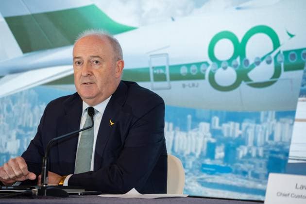HONG KONG-BUSINESS CATHAY-RESULTS Cathay Group Chair Guy Bradley speaks to the media during the 2026 interim results announcement press briefing on August 5, 2026 in Hong Kong. Bradley stated that the group achieved a strong financial performance in the first half of the year and targets to have 150 new aircraft join its fleet over the next 10 years if market conditions are favourable. (Photo by Kevin Li TMHK via Nexpher Images) Hong Kong