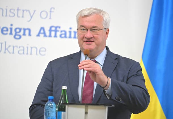 Acting Minister of Foreign Affairs of Ukraine Andrii Sybiha attends a joint news conference with Minister of Foreign Affairs of the Republic of Latvia Baiba Braze following their negotiations, Kyiv, Ukraine, August 5, 2026. During the meeting, the sides discussed military support, Ukraine’s European integration, the expansion of logistical routes, and holding the Russian Federation accountable for war crimes. (Photo by Yevhen Kotenko Ukrinform) News conference of Ukrainian, Latvian FMs in Kyiv  Copyright: xYevhenxKotenkox