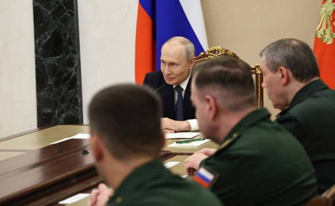 August 5, 2026, Moscow, Moscow Oblast, Russia: Russian President Vladimir Putin chairs a meeting with senior defense officials at the Kremlin, August 5, 2026 in Moscow, Russia. Sitting from left: Vostok battlegroup commander Lt. Gen. Pyotr Bolgaryov, Tsentr battlegroup commander Lt. Gen. Andrei Ivanaev, Chief of the General Staff of the Russian Armed Forces Gen. Valery Gerasimov. Moscow Russia - ZUMAp138 20260805_zaa_p138_005 Copyright: xAlexanderxKazakov RussianxGovernx