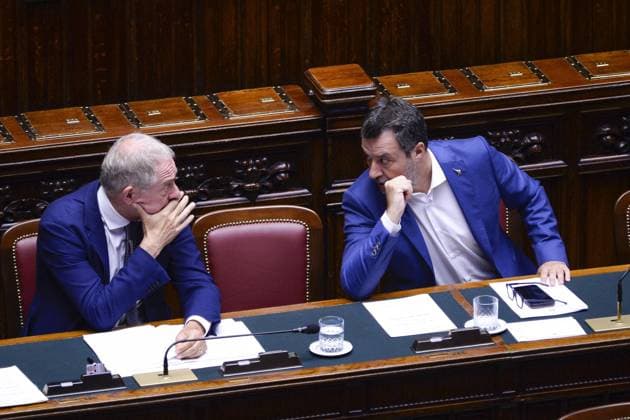 IPP Photo by Marco Mattei, Rome, August 5, 2026. Chamber of Deputies, Question Time. Pictured: Adolfo Urso, Minister of Enterprise and Made in Italy, with Matteo Salvini, Vice President of the Council of Ministers of the Italian Republic and Minister of Infrastructure and Transportation. Italy Photo Press World Copyright