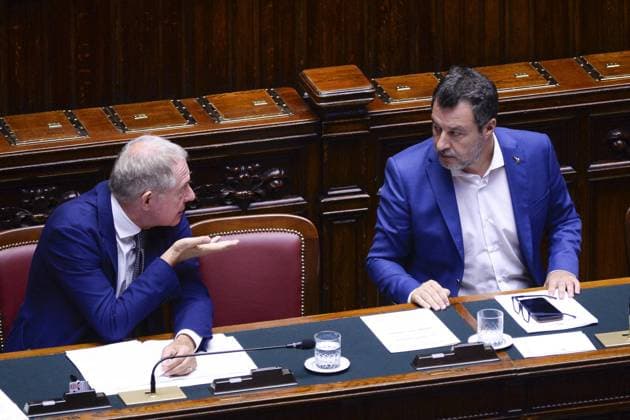 IPP Photo by Marco Mattei, Rome, August 5, 2026. Chamber of Deputies, Question Time. Pictured: Adolfo Urso, Minister of Enterprise and Made in Italy, with Matteo Salvini, Vice President of the Council of Ministers of the Italian Republic and Minister of Infrastructure and Transportation. Italy Photo Press World Copyright
