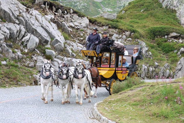 August 5, 2026 Switzerland Horses, Historic Gotthard Stagecoaches Day trips along the legendary route from Andermatt over the Gotthard Pass and the Tremola Road to Airolo Photo: Horse-drawn carriage on the Tremola Road