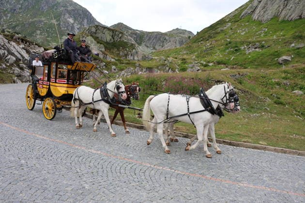August 5, 2026 Switzerland Horses, Historic Gotthard Stagecoaches Day trips along the legendary route from Andermatt over the Gotthard Pass and the Tremola Road to Airolo Photo: Horse-drawn carriage on the Tremola Road