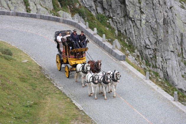 August 5, 2026 Switzerland Horses, Historic Gotthard Stagecoaches Day trips along the legendary route from Andermatt over the Gotthard Pass and the Tremola Road to Airolo Photo: Horse-drawn carriage on the Tremola Road