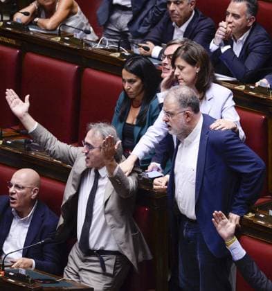 IPP Photo: Marco Mattei, Rome, August 5, 2026. Chamber of Deputies: debate and vote on the authorization to seize Delmastro’s chat records. Pictured: Braga, Fornaro, and Bonelli protesting Bignami’s remarks. Italy Photo Press World Copyright