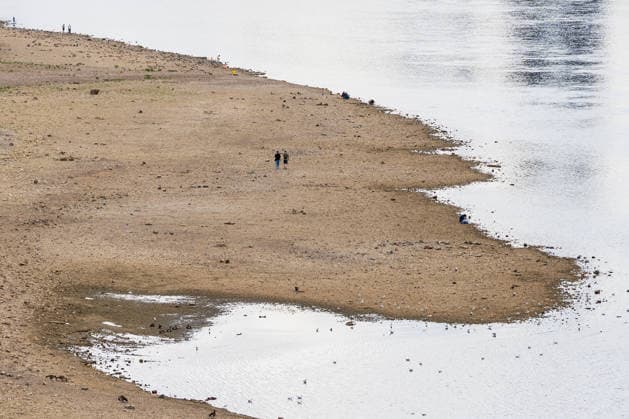 The dried-up Rhine riverbed during record-low water levels in front of Cologne Cathedral; view from the Zoobrücke in Cologne of the dried-up riverbed of the Rhine. With a water level of 69 cm at the Cologne gauge, the low water level has reached the previous all-time low set on October 23, 2018 A new record is within reach Cologne Zoobrücke North Rhine-Westphalia Copyright: xMarcxJohnx