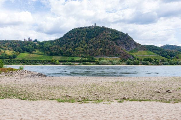 Historically low water levels: The Oberwinter gauge drops to 1 cm. View from Bonn Mehlem toward the Drachenfels in the center, Drachenburg on the left, and the Großer Oelberg on the right in the Siebengebirge. In the foreground l Copyright: xMarcxJohnx