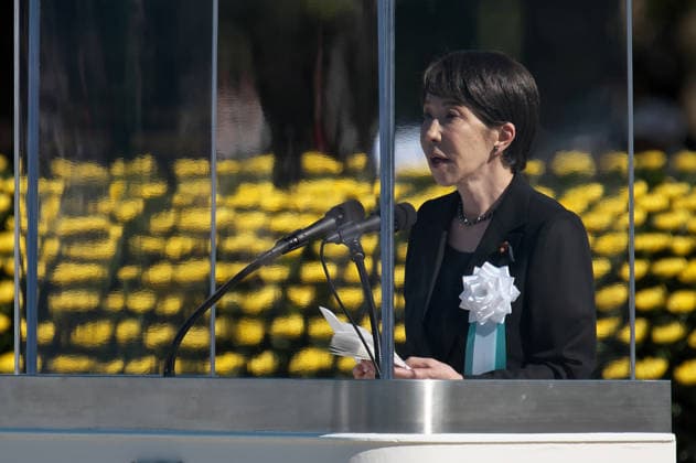 Japan s Prime Minister Sanae Takaichi delivers speech during the ceremony for the atomic bomb victims at Hiroshima Peace Memorial Park marking the 81th anniversary of the atomic bombing of Hiroshima, Japan on Thursday, August 6, 2026.  TKP2026080605 KEIZOxMORI