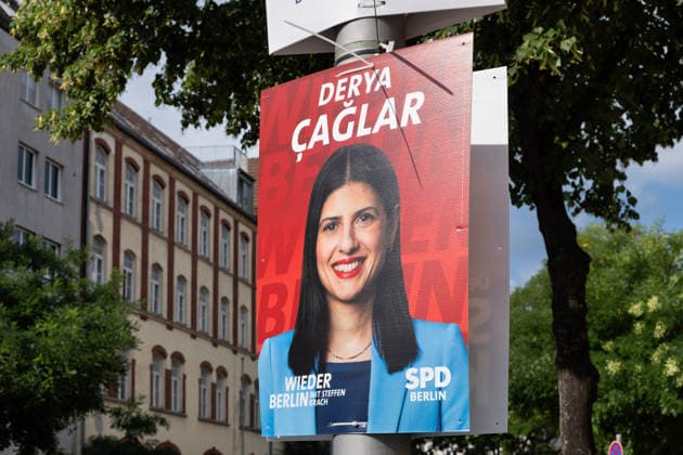 Berlin, August 6, 2026—Election poster for Derya Caglar of the SPD party for the election to the 20th Berlin House of Representatives and the district councils on September 20, 2026. Photo taken in the Neukölln district.
