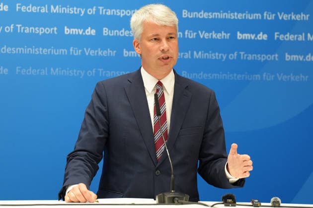 Press Conference: High-Level Discussion on Low Water Levels with Transportation Minister Bilger – A Profile of Transportation Minister Steffen Bilger at the press conference following the high-level discussion on low water levels in the Rhine at the Federal Ministry of Transportation, Bonn, August 6, 2026, Bonn, North Rhine-Westphalia, Germany