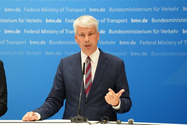 Press Conference: High-Level Discussion on Low Water Levels with Transportation Minister Bilger – A Profile of Transportation Minister Steffen Bilger at the press conference following the high-level discussion on low water levels in the Rhine at the Federal Ministry of Transportation, Bonn, August 6, 2026, Bonn, North Rhine-Westphalia, Germany