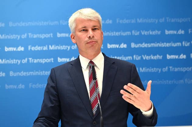 Federal Minister of Transportation Steffen BILGER during the press conference Federal Minister of Transportation Steffen Bilger Hosts High-Level Meeting on Low Water Levels on August 6, 2026, in Bonn, Germany,