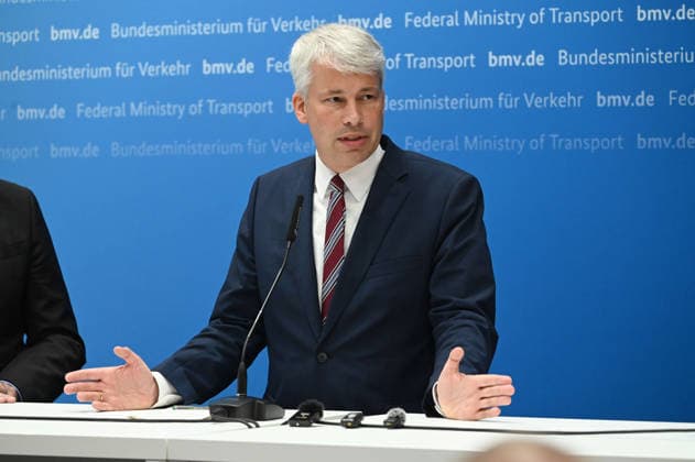 Federal Minister of Transportation Steffen BILGER during the press conference Federal Minister of Transportation Steffen Bilger Hosts High-Level Meeting on Low Water Levels on August 6, 2026, Bonn, Germany,