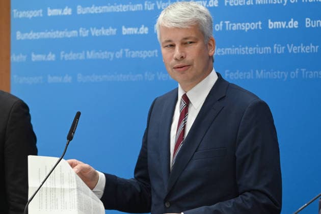 Federal Minister of Transportation Steffen BILGER during the press conference Federal Minister of Transportation Steffen Bilger Hosts High-Level Meeting on Low Water Levels on August 6, 2026, Bonn, Germany,