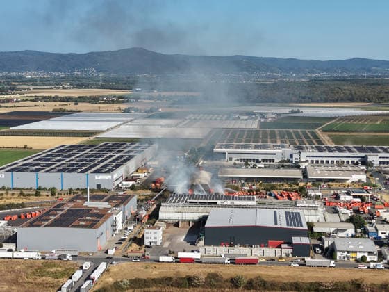 Smoke rising from the fire at the Meinhardt waste disposal facility is visible from a distance. Gernsheim, August 6, 2026: Fire at Meinhardt