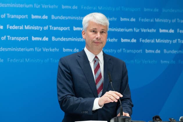 Federal Minister of Transportation Steffen BILGER during the press conference Federal Minister of Transportation Steffen Bilger Hosts High-Level Meeting on Low Water Levels on August 6, 2026, in Bonn, Germany,