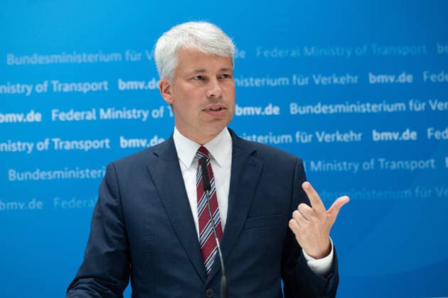 Federal Minister of Transportation Steffen BILGER during the press conference Federal Minister of Transportation Steffen Bilger Hosts High-Level Meeting on Low Water Levels on August 6, 2026, Bonn, Germany,