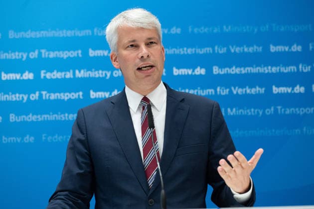 Federal Minister of Transportation Steffen BILGER during the press conference Federal Minister of Transportation Steffen Bilger Hosts High-Level Meeting on Low Water Levels on August 6, 2026, in Bonn, Germany,
