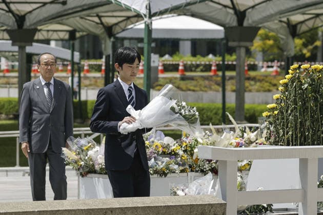Japan Prince Hisahito visits Hiroshima Japanese Prince Hisahito, Emperor Naruhito s nephew, accompanied by Hiroshima Mayor Kazumi Matsui, lays flowers at the cenotaph at the Peace Memorial Park in Hiroshima on Aug. 7, 2026, a day after the 81st anniversary of the U.S. atomic bombing of the western Japan city.  A14AA0005625321P