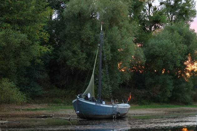 Bad Honnef, Germany, Nature, Climate, Summer, Drought, Rhine, Low Water, Grafenwerth, Bad Honnef, Bonn, North Rhine-Westphalia, Germany, August 5, 2026 The extremely low water level in the Rhine, shown here near Grafenwerth Island in Bad Honnef, are leaving many boats stranded an Copyright: xEibner-Pressefoto JuergenxAugstx EP_JAT