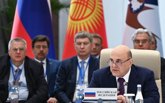 Kyrgyzstan Eurasian Intergovernmental Council 9218450 07.08.2026 Russian Prime Minister Mikhail Mishustin attends an expanded format meeting of the Eurasian Intergovernmental Council in Cholpon-Ata, Kyrgyzstan. Alexander Miridonov Sputnik Cholpon-Ata Kyrgyzstan  Copyright: xAlexanderxMiridonovx