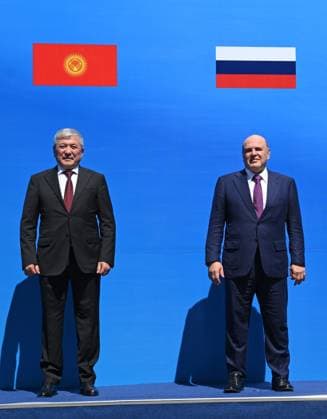 Kyrgyzstan Eurasian Intergovernmental Council 9218444 07.08.2026 Kyrgyz Prime Minister - Head of the Presidential Administration Adylbek Kasymaliev and Russian Prime Minister Mikhail Mishustin attend a family photo opportunity before an expanded format meeting of the Eurasian Intergovernmental Council in Cholpon-Ata, Kyrgyzstan. Kirill Zykov Sputnik Cholpon-Ata Kyrgyzstan  Copyright: xKirillxZykovx