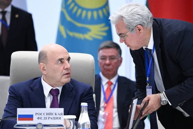 Kyrgyzstan Eurasian Intergovernmental Council 9218514 07.08.2026 Russian Prime Minister Mikhail Mishustin and Deputy Chief of the Russian Government Staff Elmir Tagirov attend an expanded format meeting of the Eurasian Intergovernmental Council in Cholpon-Ata, Kyrgyzstan. Kirill Zykov Sputnik Cholpon-Ata Kyrgyzstan  Copyright: xKirillxZykovx