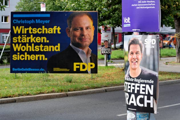 Berlin, August 7, 2026—Election posters for the FDP (Christoph Meyer), SPD (Steffen Krach), and Volt for the election to the 20th Berlin House of Representatives and the district councils on September 20, 2026